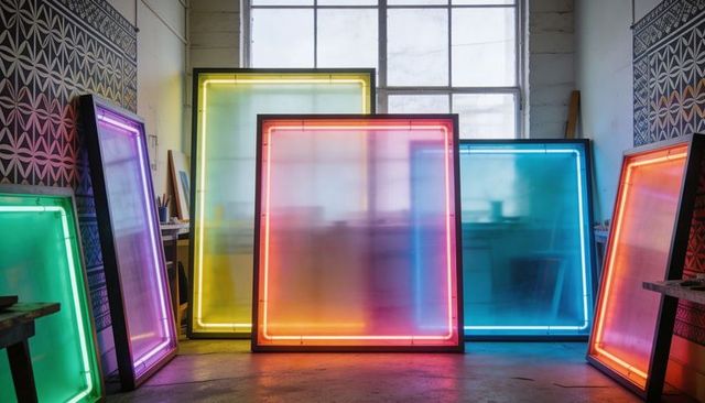 Translucent neon-framed panels glowing in artist studio with colorful gradient light