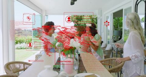 Women celebrating on covered patio with cake and red cyber glitch overlay