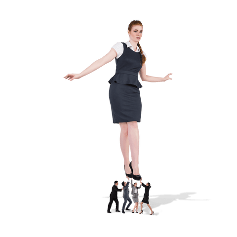 Giant Female Executive Balancing on Team of Small Business Colleagues Transparent Background
