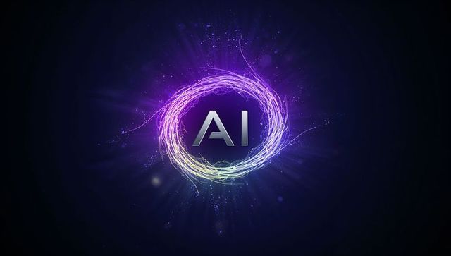 Glowing ai lettering inside neon energy ring with particle halo and futuristic sparks