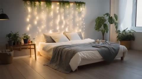 Cozy Bedroom with String Lights and Greenery for Relaxing Ambiance