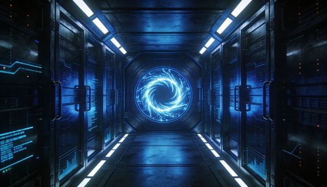 Pulsing Blue Vortex Emitting Electric Arcs Inside Futuristic Starship Corridor with Server Racks