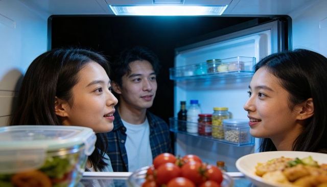 Late-night friends chatting around open fridge choosing snacks and sharing food in kitchen