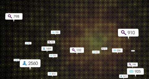 Floating notification badges and counters on dark circular grid for dashboard analytics