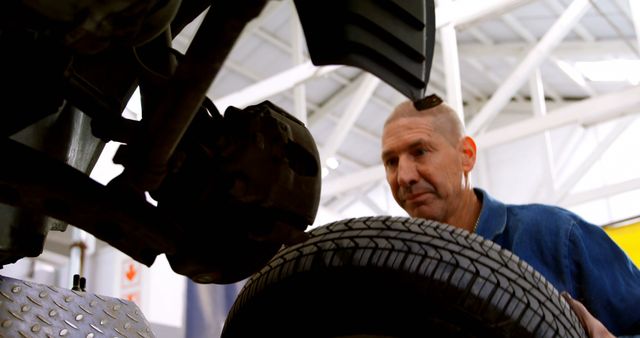 Mechanic Inspecting Car Tire in Maintenance Garage - Download Free Stock Images Pikwizard.com