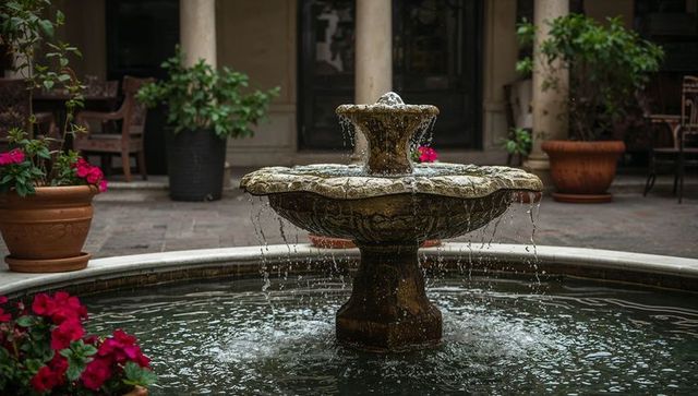 Ornate two-tier stone fountain pouring fine streams into courtyard basin with pink blooms