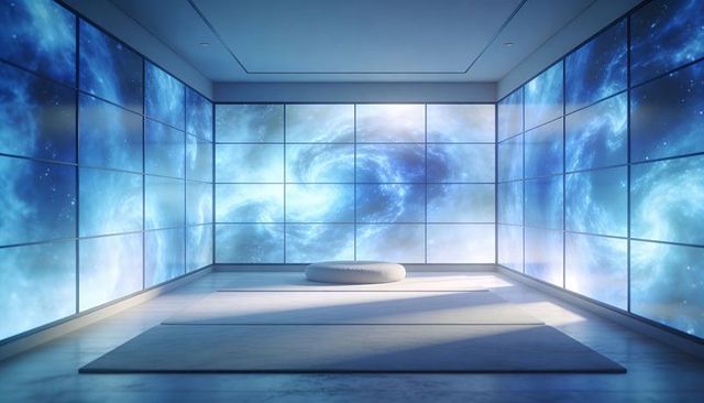 Zen meditation room with glowing zafu cushion and immersive blue nebula wall panels