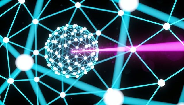 Pulsing geodesic orb rotating and emitting magenta beam through neon neural lattice