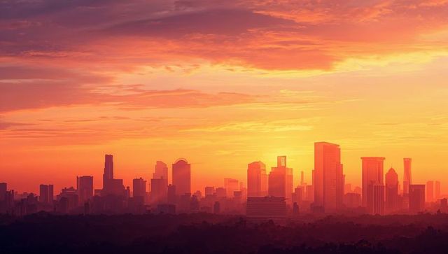 Golden sunset over futuristic city skyline silhouette with hazy treeline panorama