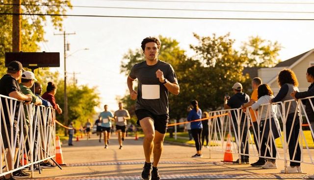Male runner sprinting toward finish line on suburban street with spectators and barriers