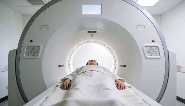 Patient undergoing mri scan in modern hospital radiology suite with circular gantry