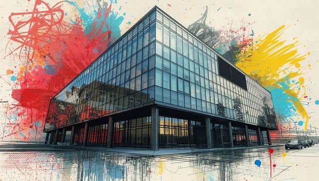 Modern glass office building with vibrant paint splatter overlay and dramatic perspective