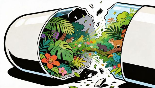 Capsule Breaking Revealing Lush Tropical Microhabitat with Wildlife and Flowers