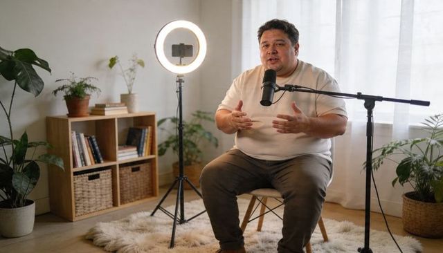 Plus-size podcaster hosting casual home studio recording under ring light