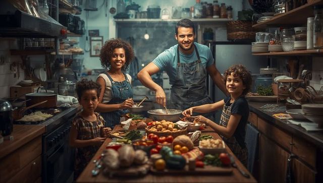Family cooking together in rustic kitchen preparing fresh produce at wooden island