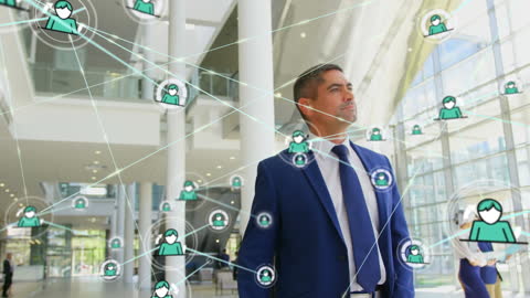 Businessman Observes Futuristic Networking in Modern Office