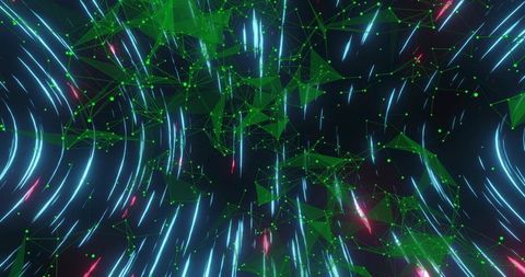 Pulsing green mesh network glowing in cybernetic void with neon cyan streams