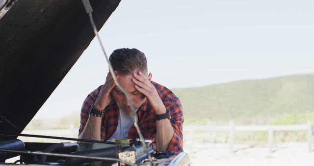 Frustrated Man with Broken Car on Roadside - Download Free Stock Images Pikwizard.com