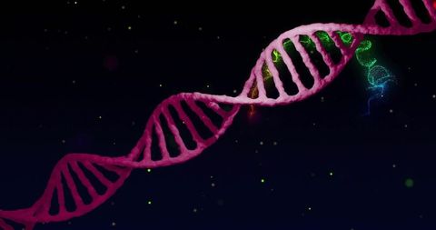 Magenta dna double helix floating across dark space with neon green-blue molecular glow