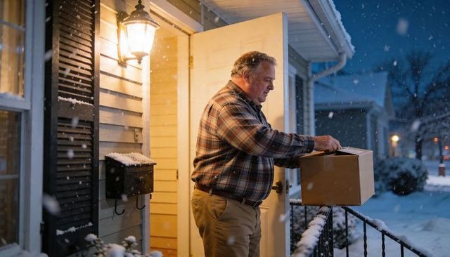 Senior man receiving package on snowy porch at night under warm lantern light doorway glow