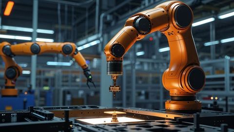 Automated manufacturing with six-axis robotic arms in modern factory