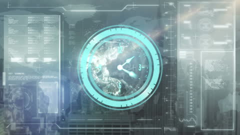 Futuristic Digital Clock Overlay on City Skyline