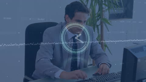 Businessman Analyzing Data with Digital Time Overlay in Office