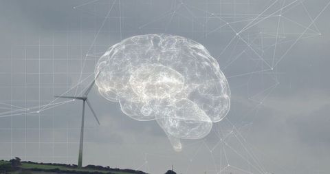 Digital Brain Hologram Overlook Wind Turbine on Hillside