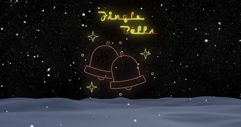 Jingle bells neon sign over snowy winter scene