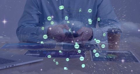 Businessman navigating digital world on smartphone in modern workspace