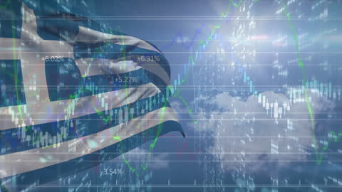Greek Flag Overlay on Dynamic Stock Market Data Visualization