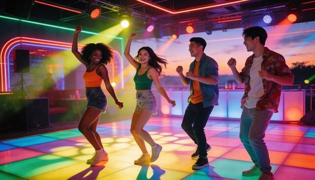Four friends dancing on led club floor under neon lights, colorful nightlife energy