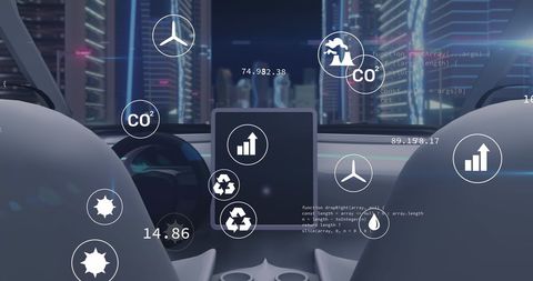 Smart Car Dashboard featuring Futuristic Digital Interface and Data Icons