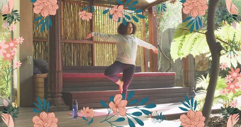 African American Woman Practicing Yoga amidst Floral Illustrations