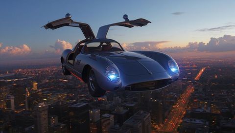 Gull-Wing Sports Car Soaring Over Dusk City Skyline