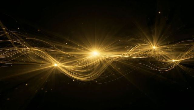 Glowing golden ribbons weaving across deep black backdrop with radiant starburst flares