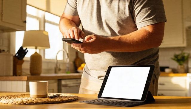 Man tapping smartphone with tablet on keyboard and coffee on sunlit kitchen counter