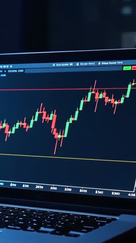 Vertical trading panning laptop candlestick chart breaking resistance signaling breakout