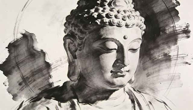 Serene buddha bust radiating ink wash halo, expressive brush strokes textured monochrome