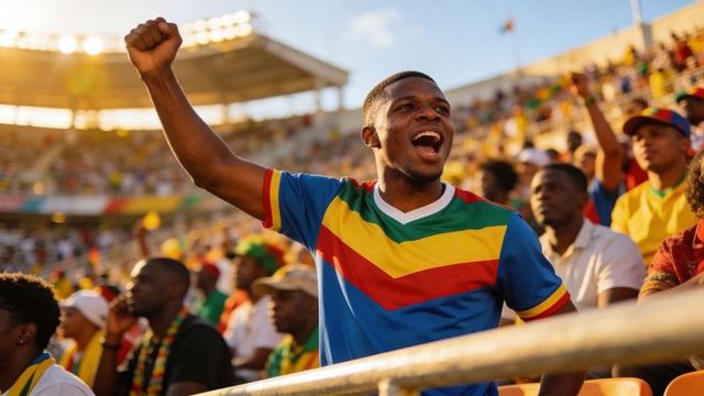 Stadium fan cheering and raising fist during golden hour sports match