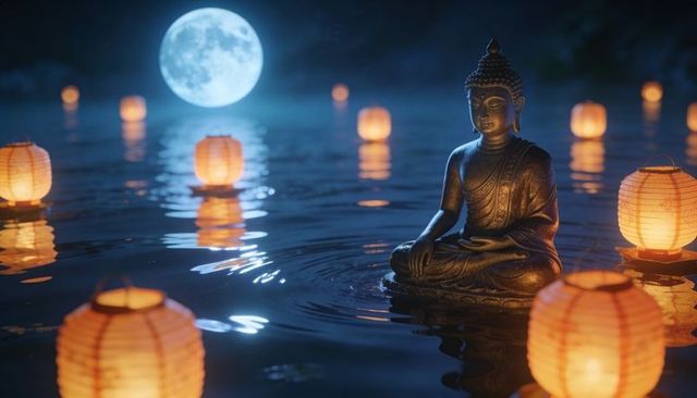 Bronze buddha statue meditating on calm water with floating paper lanterns under full moon