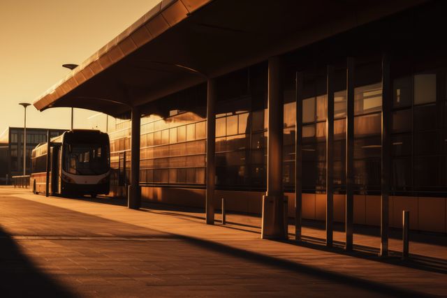 Depicting a tranquil scene of an empty bus station illuminated by the golden light of sunset. Fields typically associated with urban settings and public transportation can use it to convey themes of solitude, journey's end, or peaceful urban environments.
