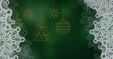 Festive Christmas Ornaments on Green Background with Falling Snowflakes