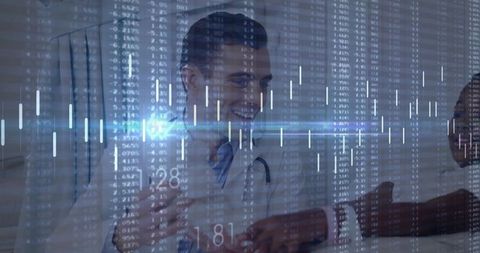 Doctor shows empathy and professionalism amidst healthcare data visualization