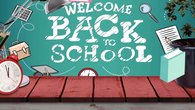 An animated green chalkboard with 'Welcome Back to School' text, accompanied by school supplies like books, clock, and magnifying glass. This composition is perfect for promoting school events, creating educational content, or welcoming students to a new school year. Ideal for flyers, social media posts, and educational blog headers.