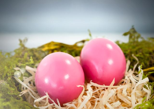 Two shiny pink Easter eggs resting in a straw nest with green moss background. Perfect for Easter-themed promotions, holiday greeting cards, and festive decoration projects. Highlights vibrant colors and the beauty of spring.