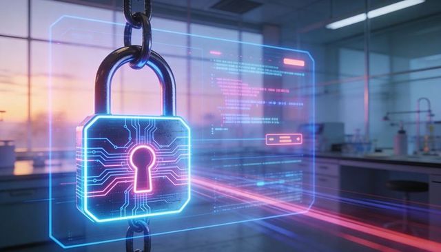 Holographic cybersecurity padlock in research lab with neon hud and data streams