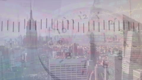 Futuristic Financial Cityscape with Graphs and Clock Overlays