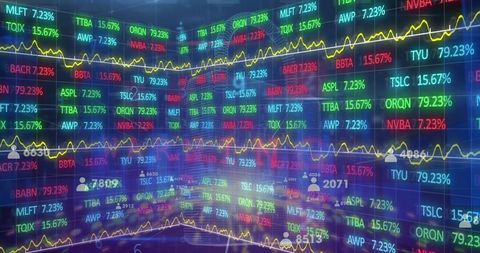 Futuristic Digital Trading Display with Ticker and Analytics Charts