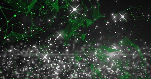 Green neural network particles connecting over dark digital space with bokeh light flares